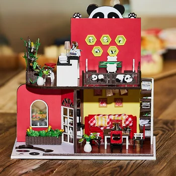 Miniaturni Lutke DIY Lutke Kit Panda Roombox Ročno izdelan Model Igrače Za Otroke Božično Darilo Lesena Lutka Hiše, Pohištvo