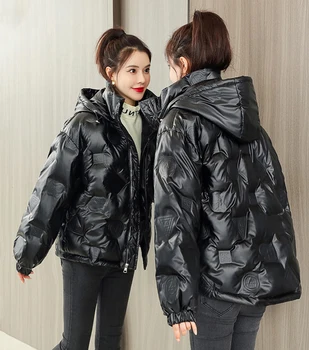 Korejski Hooded Dolg-Kratek rokav Bombaž Padded Jakna Ženske Zimske Srebro Parkas Ženski Bombaža Vrhnja oblačila Priložnostne Mujeres Abrigos