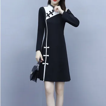 Črna 2022 Slim Qipao Ženske Dolg Rokav Kitajski Obleko Hanfu Cheongsam Vintage Plašč Orientale Tradicionalnih Vestido Chino Nova