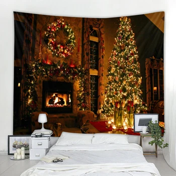 Božič tapiserija Božično drevo kamin, v ozadju stene-vgrajena tapiserija, Novo Leto doma, okras, darila