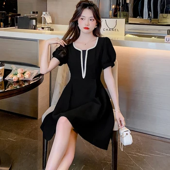 2022 Black Puff Rokav Elegantno Seksi Nočni Klub, Mini Obleka Ženske Korejski Letnik Prom Stranka Obleko Poletje Moda Eleganten Casual Obleko